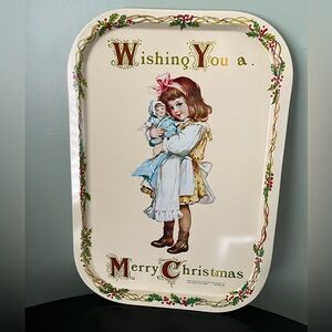 Vintage1980 Metal Tin Wishing You A Merry Christmas Tray Holiday Retro